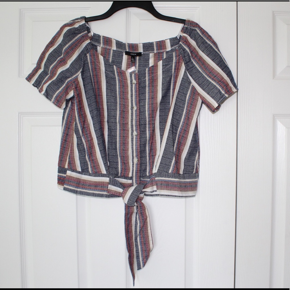 Drew | Striped Linen Crop Length Tie Front Blouse
